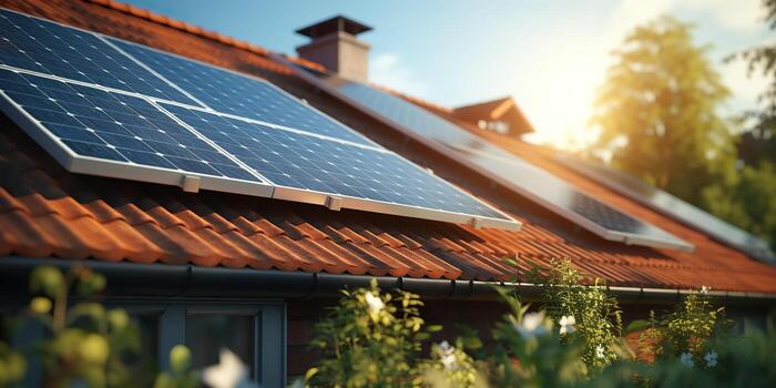 ai generated ai generative solar panel at grass outdoor nature sunset sun landscape alternative eco power energy electricity graphic art photo